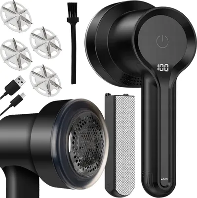 Produktbild von Ruhhy Fusselrasierer Stoffrasierer Elektrisch 6 Klingen, 3 Geschwindigkeiten, LED Display, USB-C Akku - Fusselbürste für Kleidung, Polster, Textilien, Sofas - Ersatzköpfe & Reinigungsset 25559