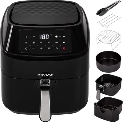 Produktbild von ONVAYA® Heißluftfritteuse | Airfryer XXL | Fritteuse ohne Öl & Fett | für 5-6 Personen | mit LED-Display | 10 Programme | 1700 W | inkl. Backform & Grillrost mit Spießen