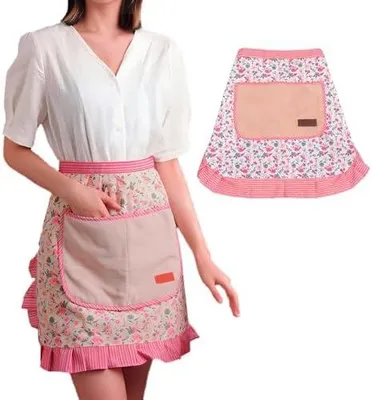 Produktbild von Damen Schürze mit Blumenmuster - Kurze Küchenschürze für Kochen, Backen, Grillen und Gartenarbeit, Öl- und Schmutzabweisend aus Baumwolle mit Spitzentaschen (Kurz Rosa)