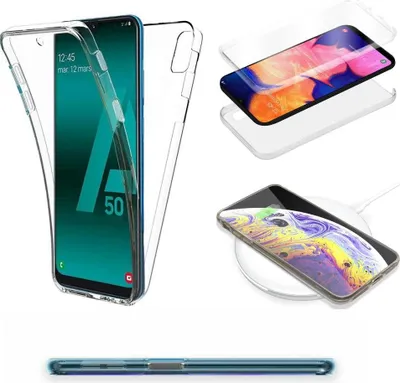 Collage of images showing a transparent phone case and phones.