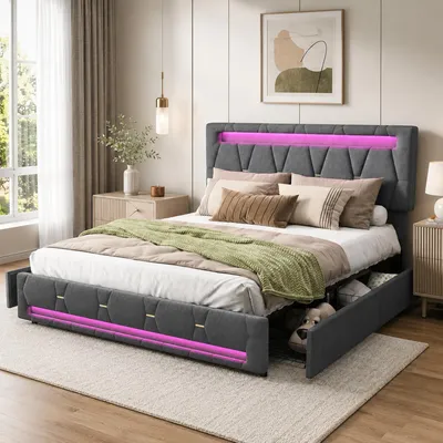 Immagine prodotto di Letto imbottito matrimoniale INONEFT, 140x200 cm, con contenitore e 4 cassetti, struttura letto per ragazzi con rete a doghe, poggiatesta regolabile con LED, colore grigio lino