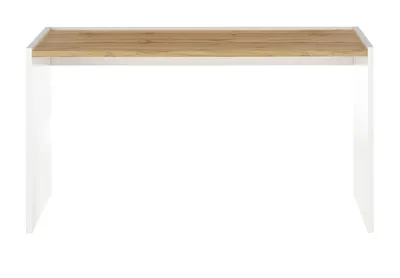 A white desk with a wood-effect top, shown from the front against a white background.