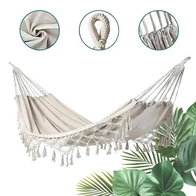 Obrázek produktu pro Houpací síť 200 × 150 cm, béžová – Boho Garden & Outdoor, odolná bavlna, kempingová houpací síť s nosností 200 kg