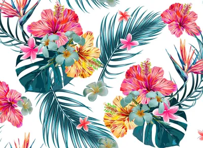 Produktbild von Hawaii Blumen Fototapete | Schlafzimmer Tapete mit Troical Motiv und Palmenblättern | Monstera Fototapete mit Hibiskus B