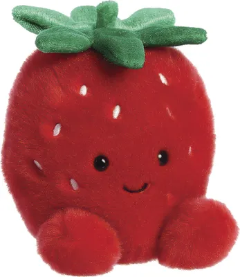 Produktbild von Aurora Palm Pals Juicy Strawberry Plüschtier, 130 mm, Rot, 100% recyceltes Polyester, passt in die Handfläche, Pflegeleicht, zum Kuscheln und Sammeln