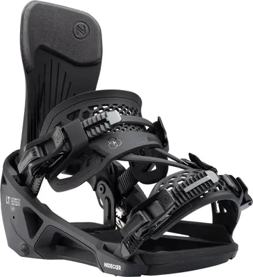 A black snowboard binding is shown against a white background.