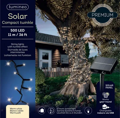 Produktbild von LED Solar Lichterkette 11m Schwarz USB aufladbar 500 LEDs Warmweiß
