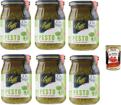 Produktbild von 6x Biffi Pesto alla genovese, 100% vegetale, Pesto mit Basilikum, 190 g Sauce Soße + Italian Gourmet polpa 400g