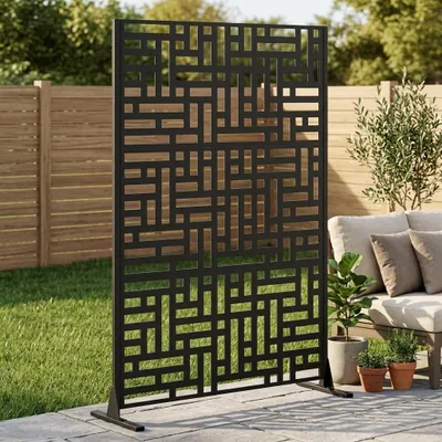 Produktbild von 183x116 cm Sichtschutzwand Metall freistehend Dekovand Raumteiler Zaunblende mit Standfuß für Garten Schwarz