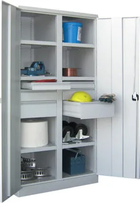 Produktbild von Schwerlastschrank - Vollblechtüren - Trennwand - 6 Böden, 6 Schubladen - 1.950x1.040x630 mm (HxBxT) - reinweiß/tiefschwarz