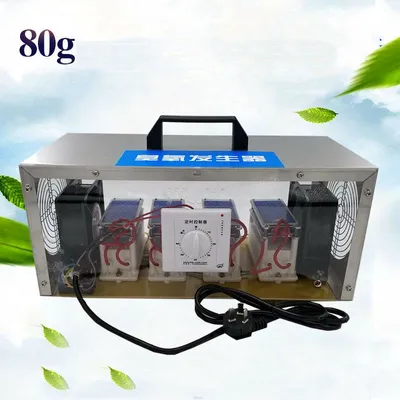A product shot of an industrial ozone generator with a blue label and green leaves in the background.