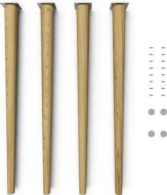 Four wooden furniture legs and hardware are laid out on a white background.