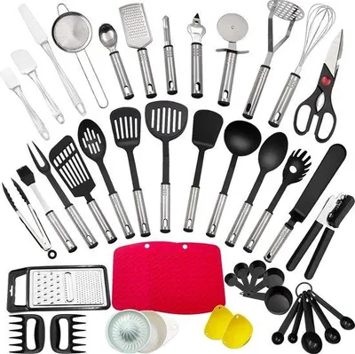 Produktbild von Unyqoos® 43‑teiliges Küchenutensilien-Set aus Edelstahl & Nylon, hitzebeständig, silikonbeschichtete Köpfe – Löffel, Zange, Schneebesen, Spatel, Suppenkelle