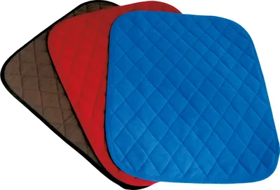 Three quilted pads in brown, red, and blue are stacked on a white background.