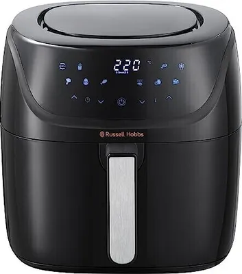A black Russell Hobbs air fryer with a digital display and silver handle, shown from the front.