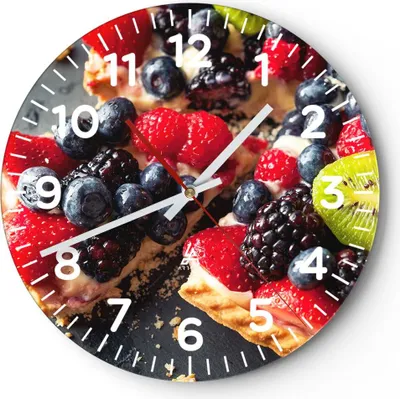 Produktbild von Wanduhr - Rund - Glasuhr - Kuchen Dessert Obst Erdbeere - 40x40cm - Schleichendes Uhrwerk - Lautlos - zum Aufhängen bereit - Dekoration Modern - Wanddekoration aus Glas - C4AR40x40-2871