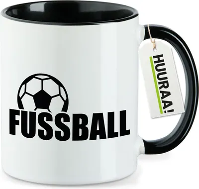 Produktbild von Huuraa Kaffeetasse Fussball Ball 330ml Schwarz Keramik Kaffeebecher Geschenkidee