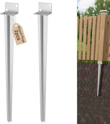 Produktbild von UISEBRT 2x L-Pfostenträger Einschlaghülse Bodenhülse 70cm Bodenanker Pfostenhalter für Holzpfosten Zinkoptik, Garten Zaun Terrasse Balkon Stabil