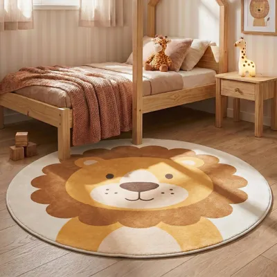 Produktbild von Volero - Waschbarer Spielteppich Rund - Sammy Lion Braun - Ø 80cm - Kinderzimmer, Babyzimmer