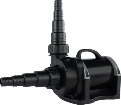 A black pond pump with two hose attachments and a handle, isolated on a white background.