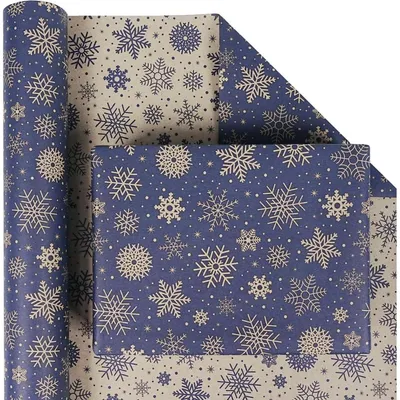 Productafbeelding van Geprinte cadeaupapier rol, kerstthema, dubbelzijdig, donkerblauw en bruin, met sneeuwvlokken, kraftpapier, 43 cm x 10 meter