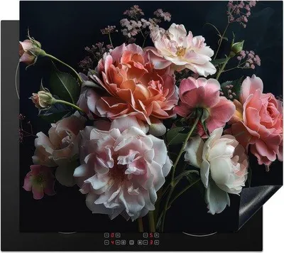Image de Tapis en céramique à induction, pliable, motifs botaniques, fleurs, roses, blanc, rose, 60 x 52 cm