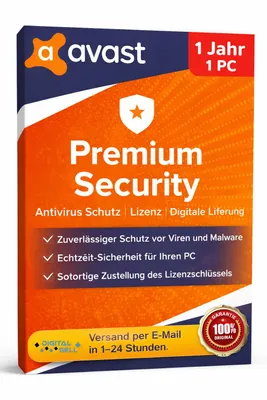 Produktbild von Avast Premium Security 1 Jahr | 1 PC | Antivirus Schutz | Lizenz | Lieferung per E-Mail