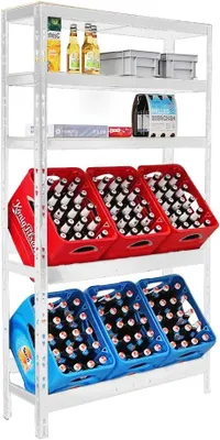 Produktbild von Getränkekistenregal Bodensee 6 Kisten mit 3 Ablagen Weiß, 180x100x30 cm, freistehend Kistenständer Getränkeregal Wasserkistenregal Bierkistenregal