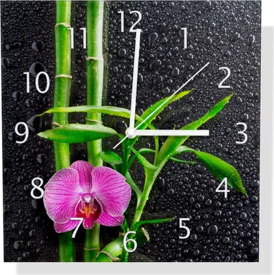 Produktbild von Wallario Design Wanduhr Bambus und pinke Orchidee auf schwarzem Glas mit Regentropfen aus Aluverbund, Größe 30 x 30 cm