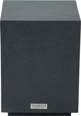 A dark gray cube-shaped side table with a textured surface and a small metallic logo plate at the bottom.