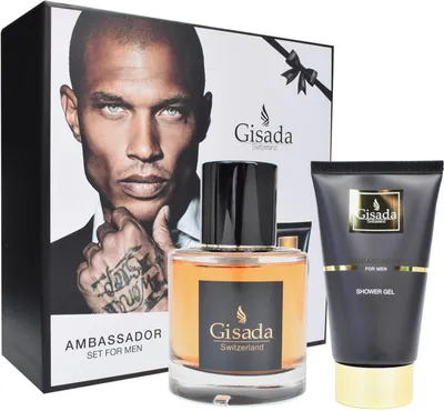 A gift set for men containing a perfume bottle and a shower gel tube, presented with a box featuring a man's portrait.
