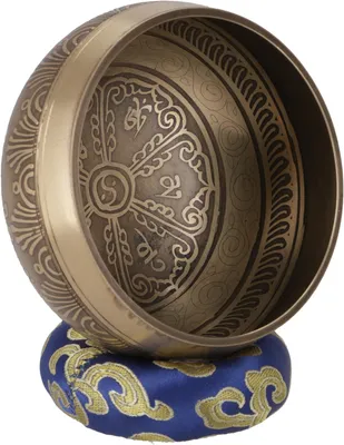 Produktbild von Handgearbeitete Gravierte Klangschale mit Klöppel & Kissen - Ø 10 cm Modell 28, Gold, Bronze, Klangschalen