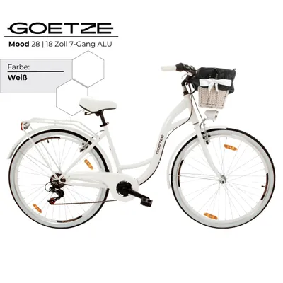 Produktbild von Goetze Mood 28 Zoll City Bike, 18 Zoll ALU Tiefeinsteigerrahmen, 7-Gang Shimano, V-Bremse, LED-Beleuchtung, Komfortsattel, Rattankorb