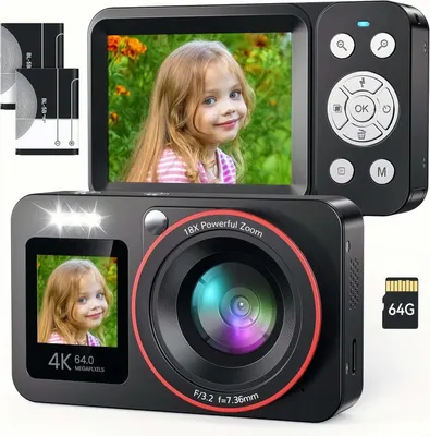 Produktbild von Digitalkamera 4K, FHD 64MP Fotokamera mit Dual Bildschirme, 18X Autofokus Fotoapparat kompakte Digitalkamera, mit 64G SD Karte für Kinder & Erwachsene