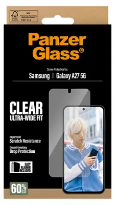 Obrázok produktu pre PanzerGlass ® Screen Protector Samsung Galaxy A27 5G | Ultra-Wide Fit w. EasyAligner, Samsung, Samsung - Galaxy A27 5G, Suché aplikovanie, Odolné proti poškriabaniu, Odolný proti nárazom, Priehľadná, 1 kusov