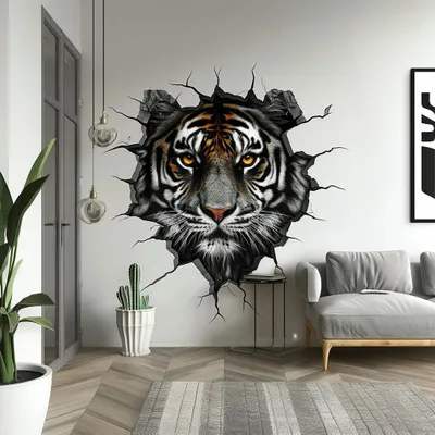 Immagine prodotto di Decords, adesivo da parete – testa di tigre realistica con effetto 3D di parete "rotta", 99 cm