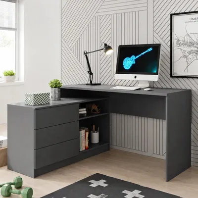 Produktbild von Schreibtisch Computertisch KAJA 138 cm Graphit Grau Universal Montierbar 3 Schubladen Offene Fächer Büro Home-Office