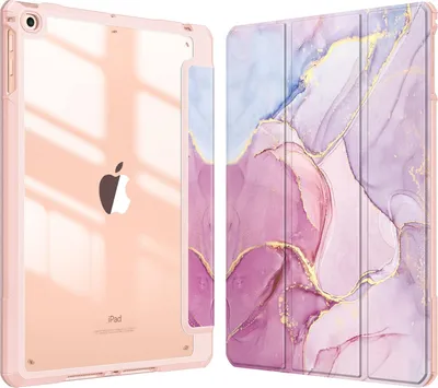 Produktbild von Fintie Hybrid Hülle mit Stifthalter für iPad 6. Generation 2018/ iPad 5. Gen 2017/ iPad Air 2/ iPad Air 9.7" - Stoßfeste Schutzhülle mit transparenter Hartschale auf der Rückseite, Rosa Marmor