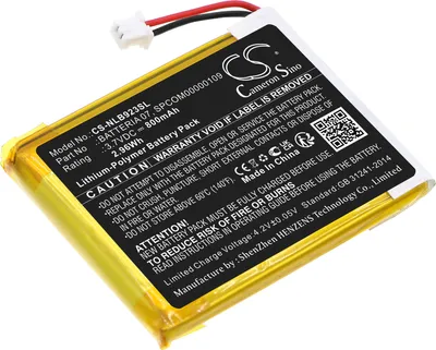 A close-up view of a lithium-polymer battery pack with text and logos printed on its label.
