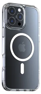 A clear phone case with a magnetic ring and Apple logo on the back.