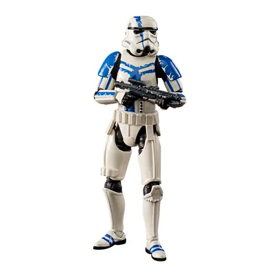 A Star Wars Stormtrooper action figure with blue accents on a white background.