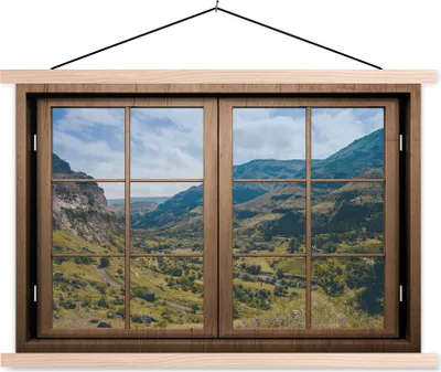 Produktbild von MuchoWow® Textilposter Aussicht - Berg - Baum 120x80 cm mit holzfarbenen Rahmen - Aufhängeset