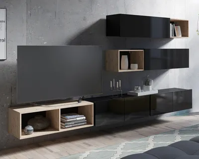 Produktbild von Wohnwand Amanda XIV Wohnzimmer-Set Breite 300cm Anbauwand TV-Schrank Moderne Schrankwand (Schwarz matt + Schwarz Hochglanz Fronten / Artisan Eiche)