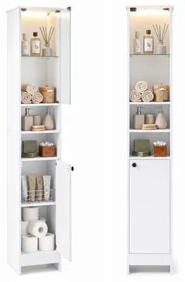 Produktbild von Hochschrank mit LED und Glastür, schmaler Badschrank 170cm, verstellbare Einlegeböden, mit Fernbedienung, Weiß