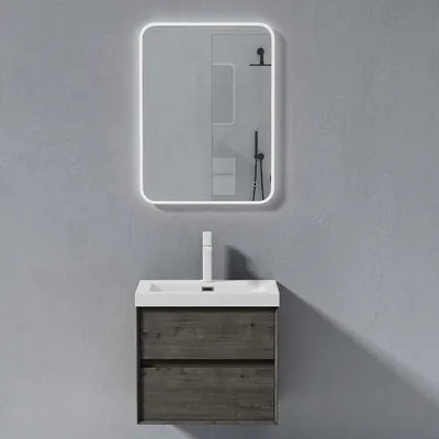 Image de doporro Meuble de Salle de Bains Gris-brun Ensemble de 3 Pièces Meuble avec Lavabo et Miroir LED Meuble sous-lavabo Suspendu 60cm avec Soft-close Design Rimo