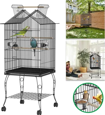 Obrázek produktu pro LARS360 klec pro andulky se stojanem, 55 x 55 x 145 cm, ptačí voliéra s otevírací střechou, klec pro papoušky s dřevěným bidýlkem a krmítkem