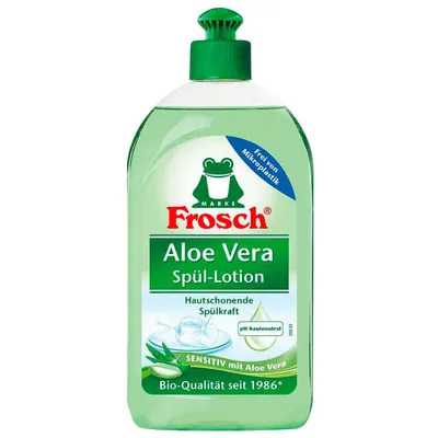 Produktbild von Frosch 1114453, Flüssigkeit, Grün, Aloe Vera, Flasche, 5 - 15% anionic surfactants, <5% amphoteric surfactants, non-ionic surfactants, preservatives..., Recommended dosage for 5 L of dishwashing water: not very dirty: 3 ml, dirty: 5 ml. Tip: Accurate...