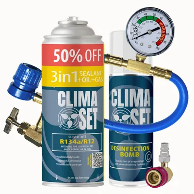 Zdjęcie produktu dla Zestaw do klimatyzacji samochodowej 3w1 R134a 626g, odświeżacz do klimatyzacji, przewód z manometrem, adapter