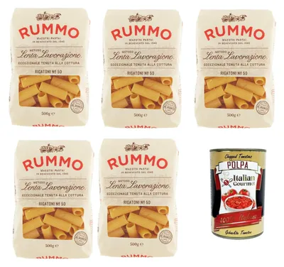 Produktbild von Rummo Rigatoni n° 50 Pasta Lenta Lavorazione Teigwaren aus Hartweizengrieß Bronze-Zeichnung 5x 500g + Italian Gourmet polpa 400g