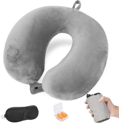 Produktbild von Aufblasbares Reisekissen, Ergonomisches Nackenstützkissen, Verstellbar & Kompakt, Inklusive Ohrstöpsel und